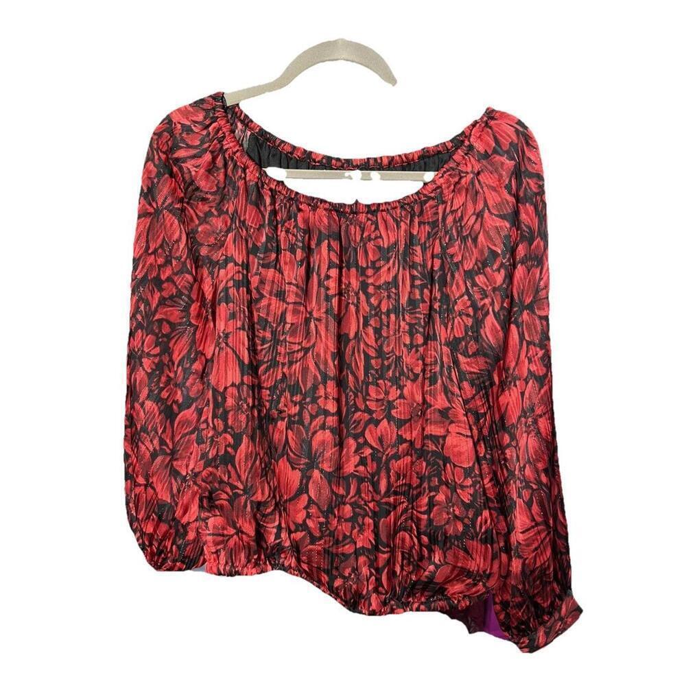 Cece Red Black Floral Print Sz S Long Sleeve Tie Waist Blouse Women's